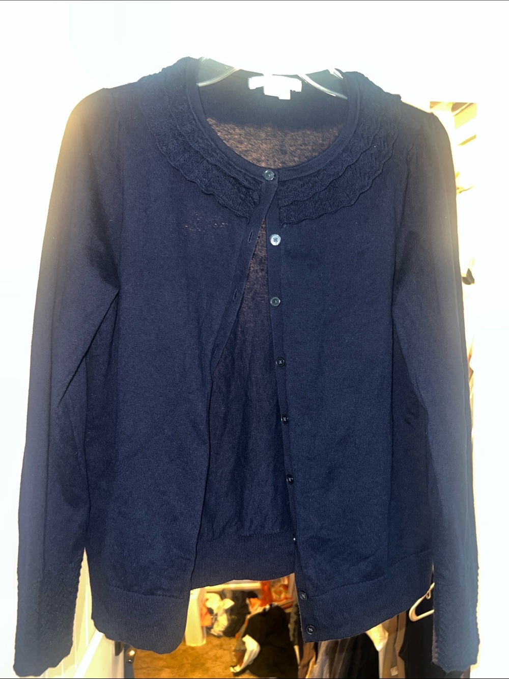 Boden Navy Scalloped Crewneck Button-Front Cardigan